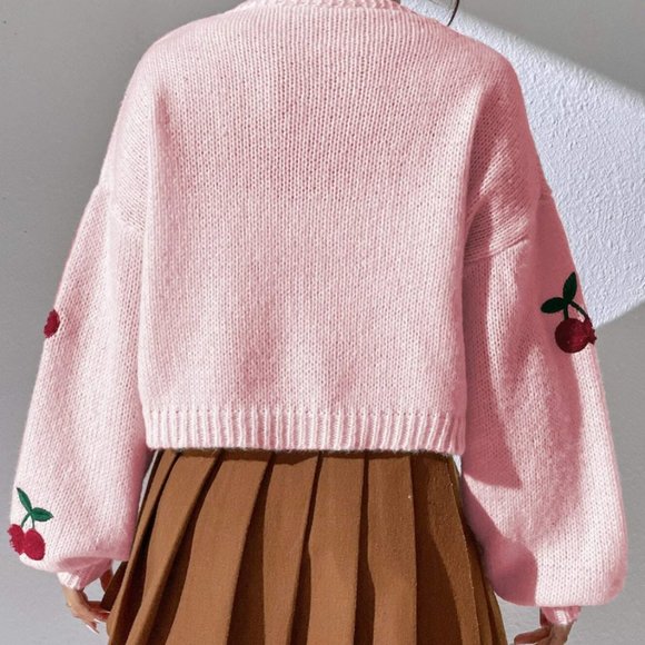 Pink Cherry Embroidery Lantern Sleeve Cardigan - Picture 4 of 10